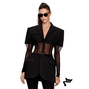 Mugler Black Corseted Blazer Sheer Mesh Sleeves Waist US 8